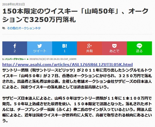 【驚き～！】 ＳＵＮＴＯＲＹ “山崎５０年” が３２５０万円で落札！！！