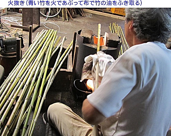 布袋竹延べ竿の素材の火抜き