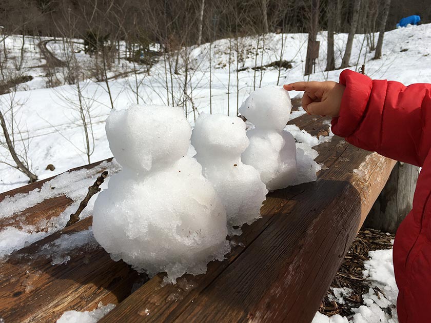 星降る夜とポカポカ陽気の雪だるま。 白馬森のわさび農園オートキャンプ場 ② 〜融雪編〜